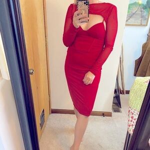 NWT Rosedress Red Corset Top Mesh Long Sleeve Midi Dress